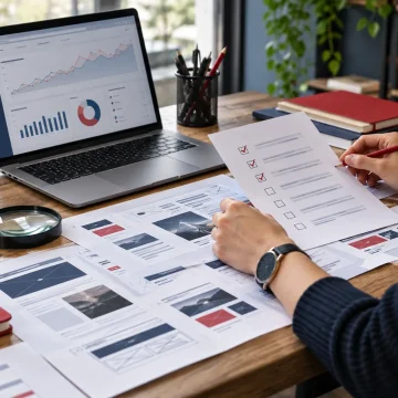 Specjalistka analizuje checklistę audytu SEO obok laptopa i wydruków stron