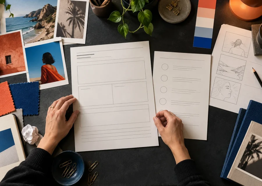 Dokument briefu reklamowego z próbkami kolorów i notatkami projektowymi
