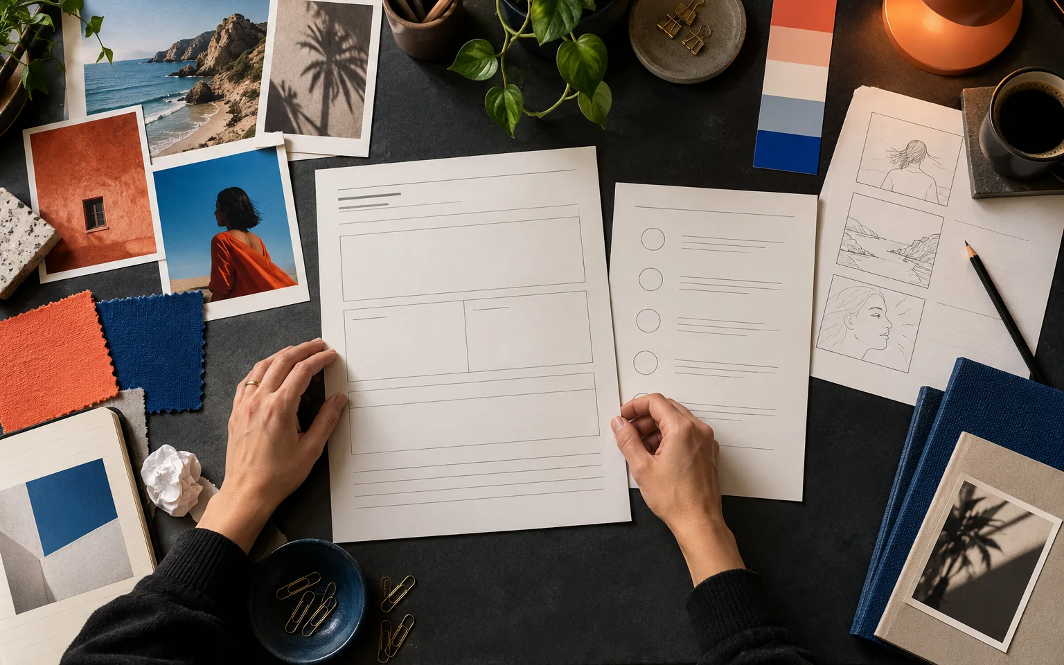 Dokument briefu reklamowego z próbkami kolorów i notatkami projektowymi