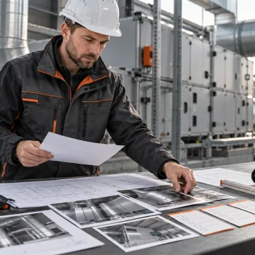 Inżynier porządkuje dokumenty i wyniki pomiarów przed odbiorem instalacji