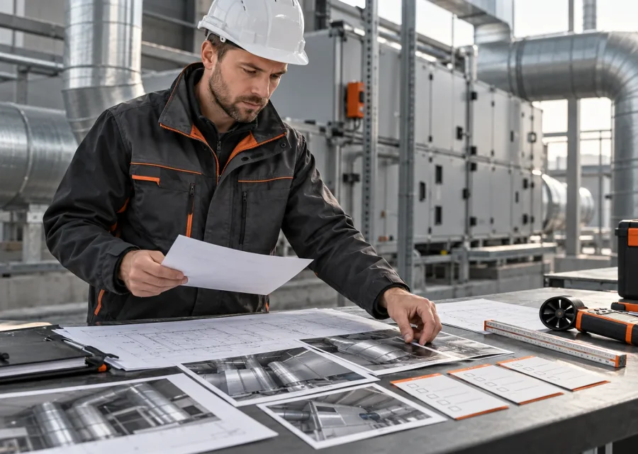 Inżynier porządkuje dokumenty i wyniki pomiarów przed odbiorem instalacji