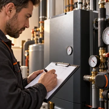 Technik zapisuje wyniki pomiarów instalacji przed wykonaniem regulacji