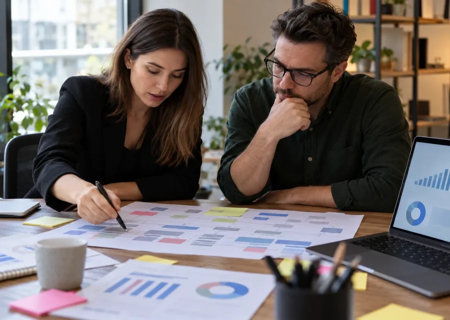 Marketer i właściciel firmy analizujący zakres audytu kampanii