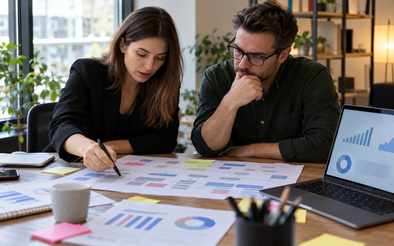 Marketer i właściciel firmy analizujący zakres audytu kampanii