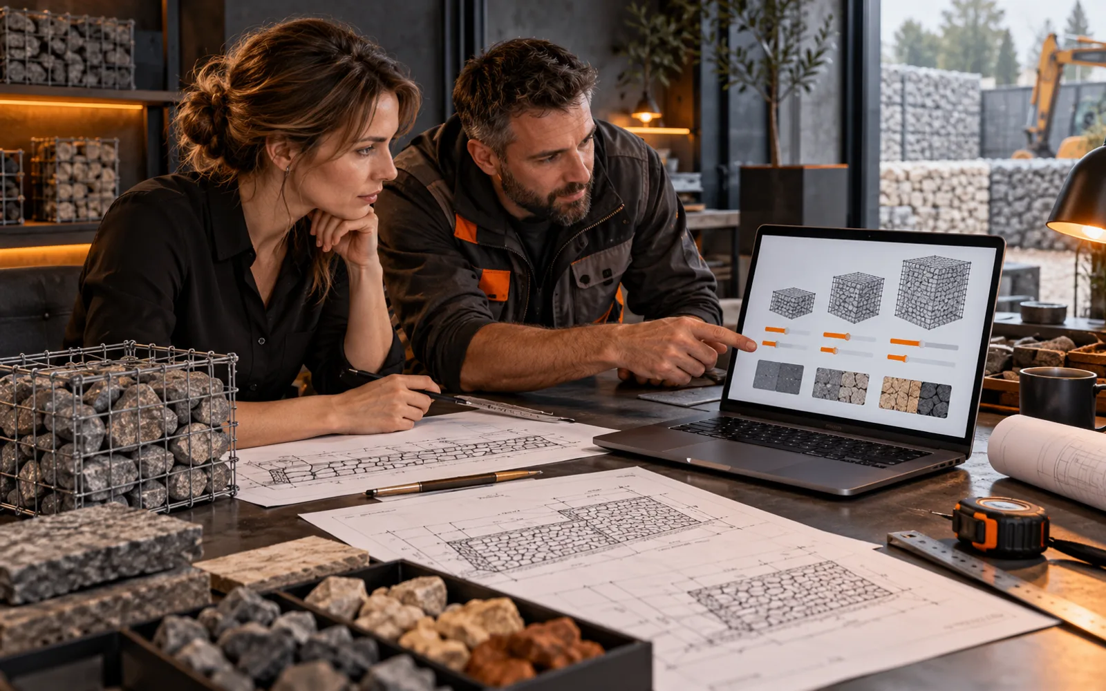 Projektant i wykonawca pracujący nad kalkulatorem materiałów do gabionów