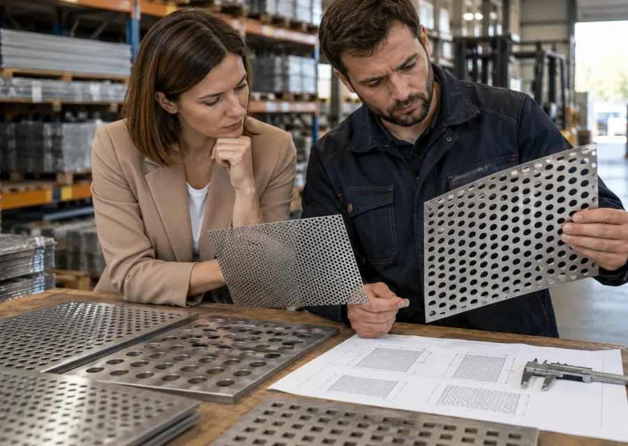 Kupiec i technik porównujący parametry perforowanych arkuszy metalu