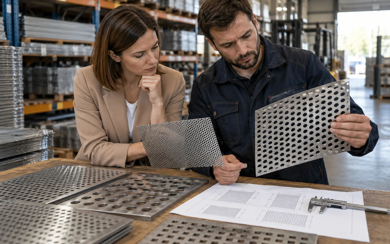 Kupiec i technik porównujący parametry perforowanych arkuszy metalu