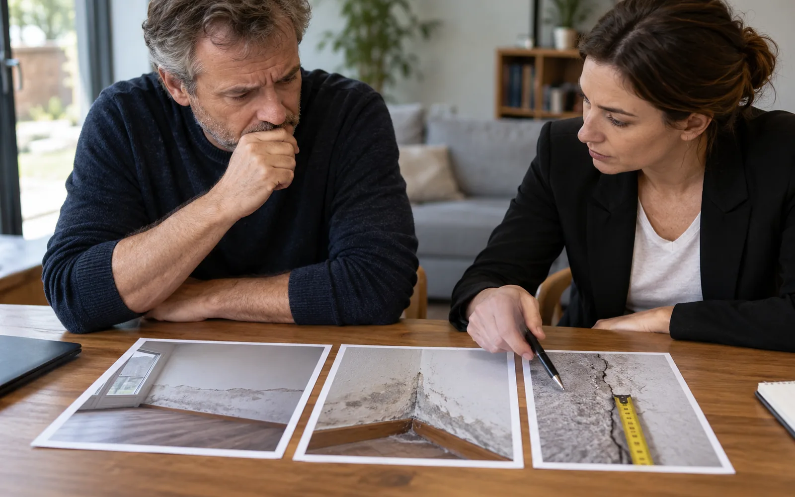 Specjalista oceniający trzy fotografie problemu technicznego
