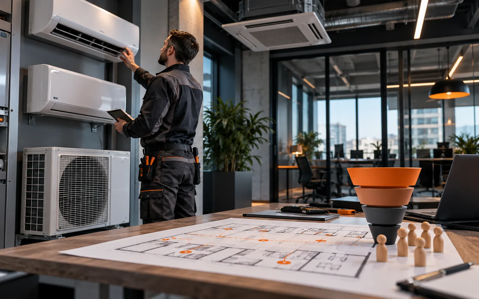 Technik HVAC omawiający lokalną usługę B2B z właścicielem obiektu