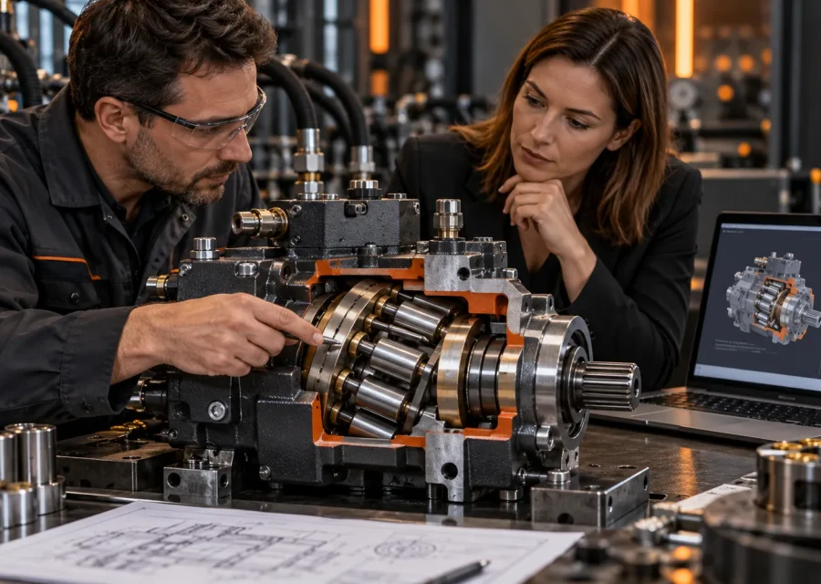 Inżynier i marketer analizujący przekrój pompy hydraulicznej