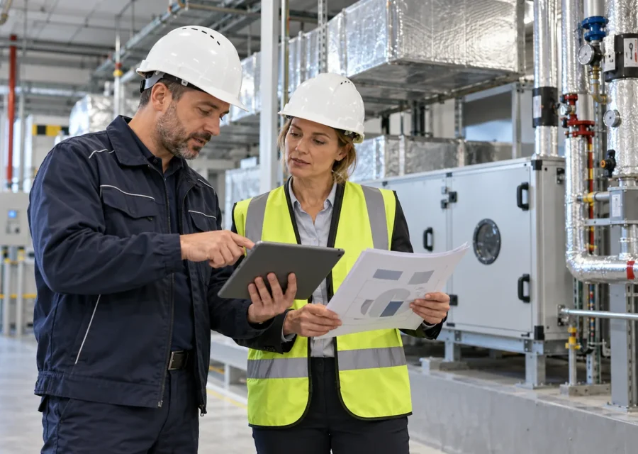 Przedstawiciel serwisu i klient omawiający stałą obsługę instalacji HVAC