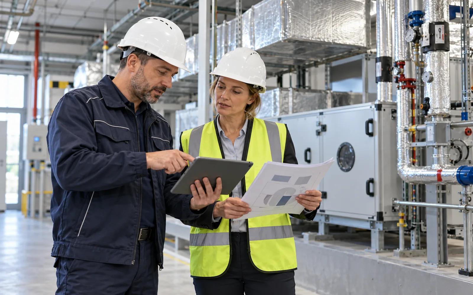 Przedstawiciel serwisu i klient omawiający stałą obsługę instalacji HVAC