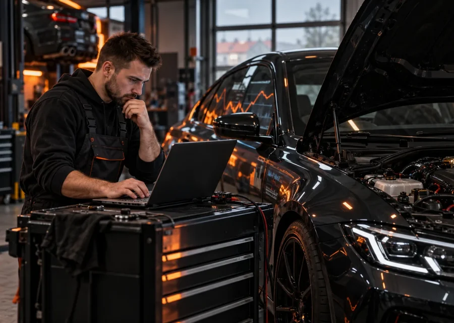 Technik analizujący diagnostykę samochodu w nowoczesnym warsztacie