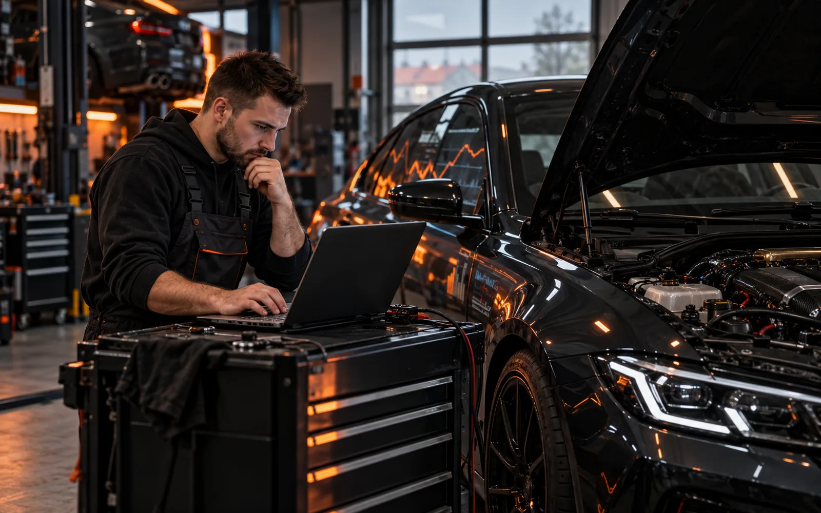 Technik analizujący diagnostykę samochodu w nowoczesnym warsztacie