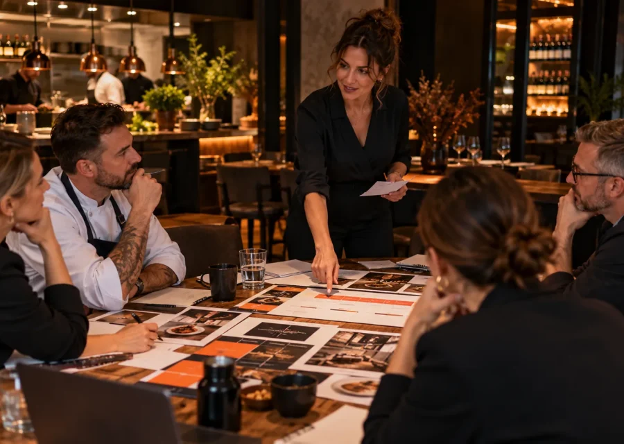 Szkolenie managerskie prowadzone w operacyjnym otoczeniu restauracji