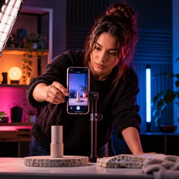 Telefon w pionie na planie nagrania krótkiego wideo do social media