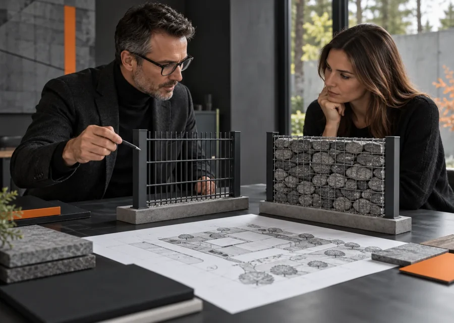 Architekt i klient porównujący dwa systemy ogrodzeniowe