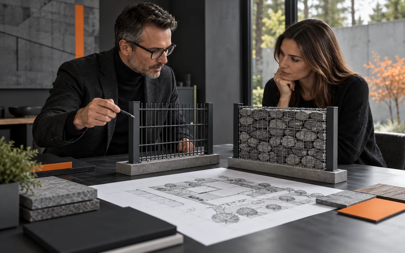 Architekt i klient porównujący dwa systemy ogrodzeniowe