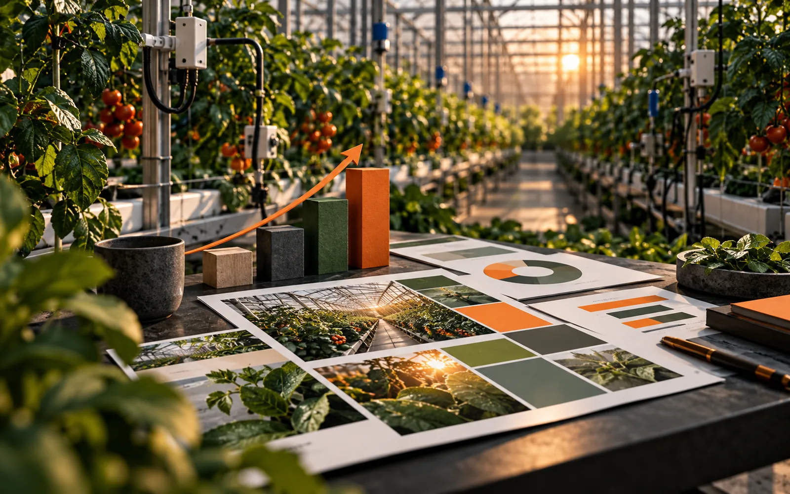 Zespół portalu branżowego planujący kampanię B2B na tle szklarni