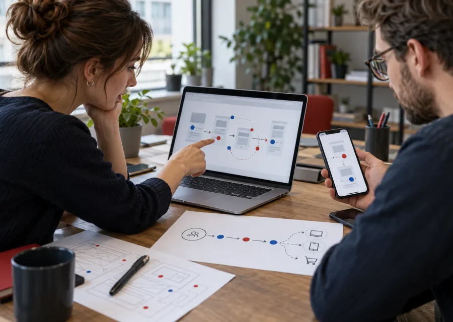 Marketer i programista testujący ścieżkę pomiaru konwersji