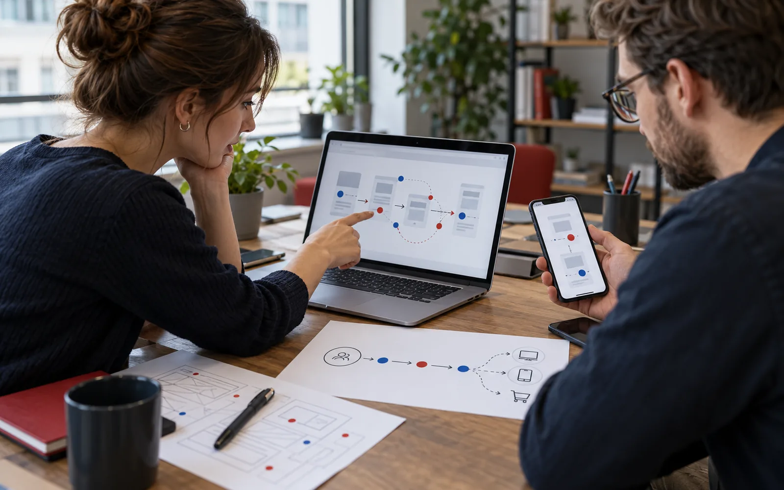 Marketer i programista testujący ścieżkę pomiaru konwersji