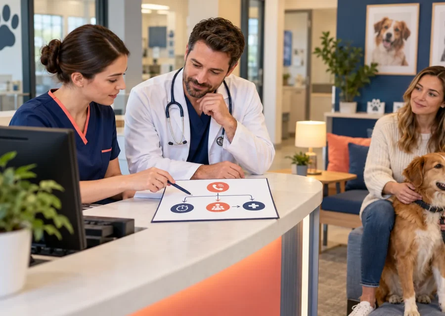 Zespół kliniki weterynaryjnej planujący bezpieczną ścieżkę kontaktu