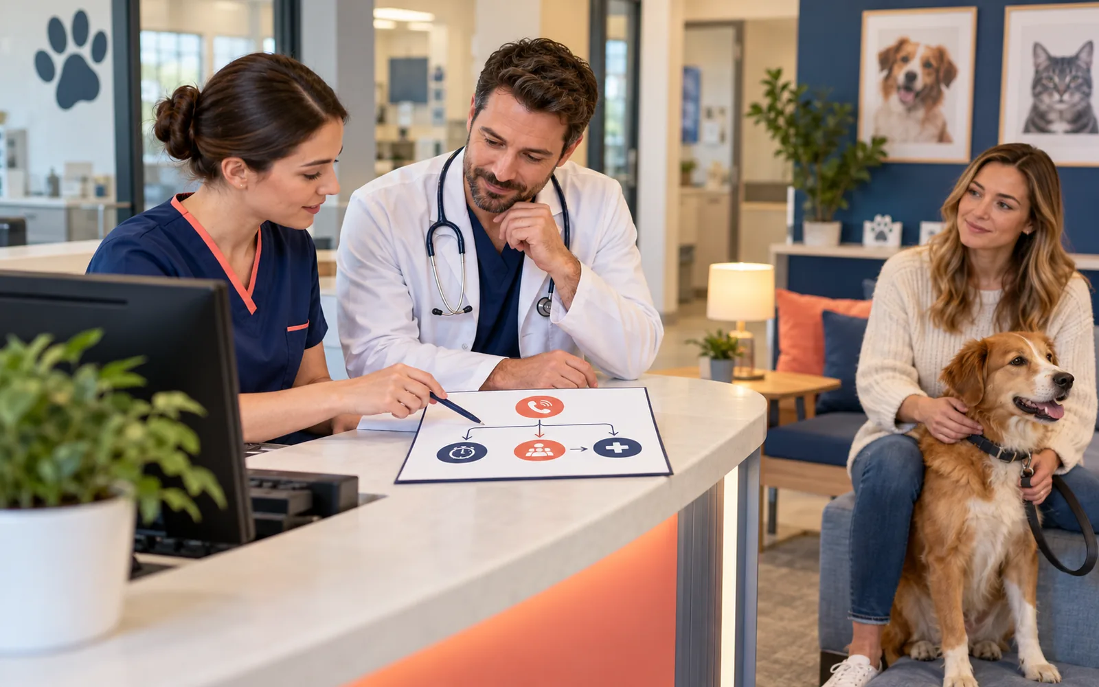 Zespół kliniki weterynaryjnej planujący bezpieczną ścieżkę kontaktu